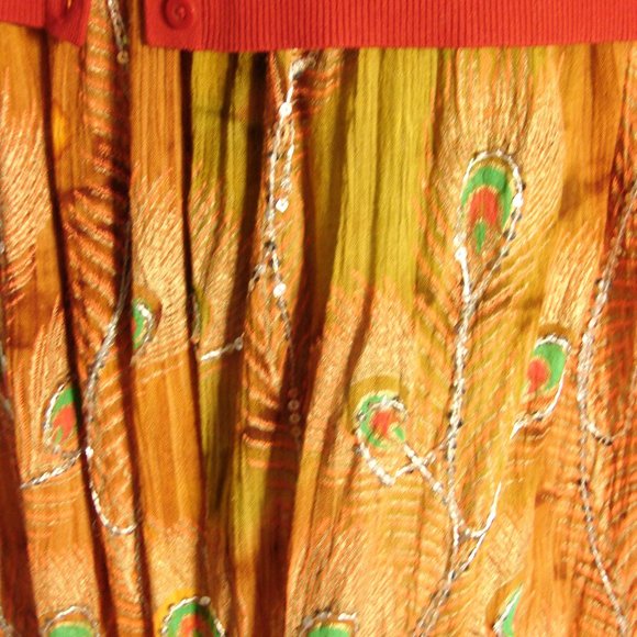 Brown Green Orange Yellow Sequin Peacock Skirt - Picture 14 of 16